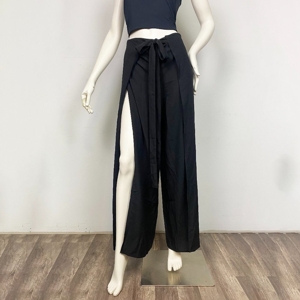 Elan | Tie High Waist Wrap Pants Slit Wide Leg Summper Pants Black Size: M